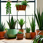 **A vibrant, lush indoor garden.** Focus on a variety of plants mentioned in the article (Sansevieria, Pothos, succulents). Display them in a bright living room setting. Consider natural light streaming through a window. Maybe include macrame plant hangers and terracotta pots.