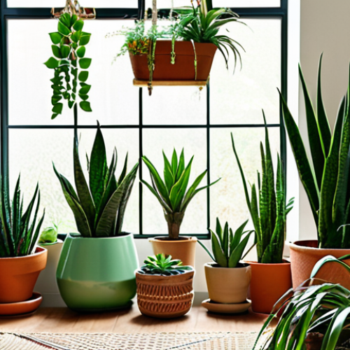 Home 15 **A vibrant, lush indoor garden.** Focus on a variety of plants mentioned in the article (Sansevieria, Pothos, succulents). Display them in a bright living room setting. Consider natural light streaming through a window. Maybe include macrame plant hangers and terracotta pots.