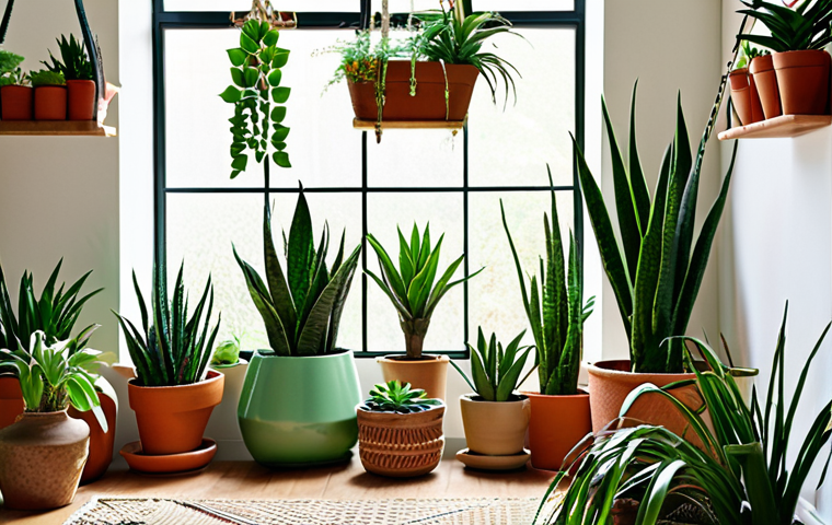 **A vibrant, lush indoor garden.** Focus on a variety of plants mentioned in the article (Sansevieria, Pothos, succulents). Display them in a bright living room setting. Consider natural light streaming through a window. Maybe include macrame plant hangers and terracotta pots.