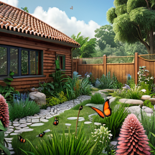 Home 14 ** Lush eco-friendly garden with native plants, a rainwater collection system, and natural pest control methods, buzzing with bees and butterflies. Focus on biodiversity and sustainability.
**