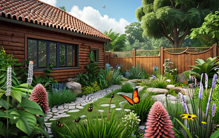 ** Lush eco-friendly garden with native plants, a rainwater collection system, and natural pest control methods, buzzing with bees and butterflies. Focus on biodiversity and sustainability.
**