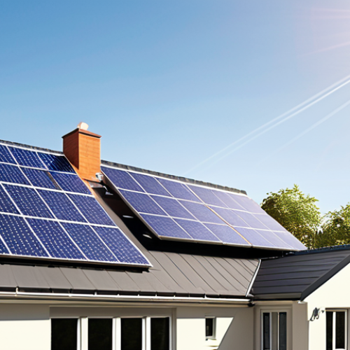 Home 7 Image Prompt 1:** A modern, eco-efficient house exterior under a bright sky, prominently featuring rooftop solar panels and large, multi-pane windows that reflect natural light. The scene should convey advanced energy independence and smart technology, with subtle visual cues like digital interfaces showing energy graphs or a 'zero bill' indicator, emphasizing drastic savings and a reduced carbon footprint.