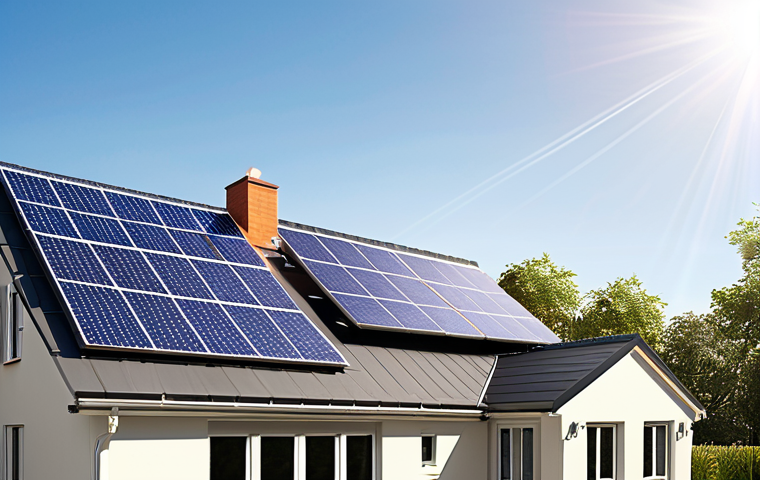 Image Prompt 1:** A modern, eco-efficient house exterior under a bright sky, prominently featuring rooftop solar panels and large, multi-pane windows that reflect natural light. The scene should convey advanced energy independence and smart technology, with subtle visual cues like digital interfaces showing energy graphs or a 'zero bill' indicator, emphasizing drastic savings and a reduced carbon footprint.