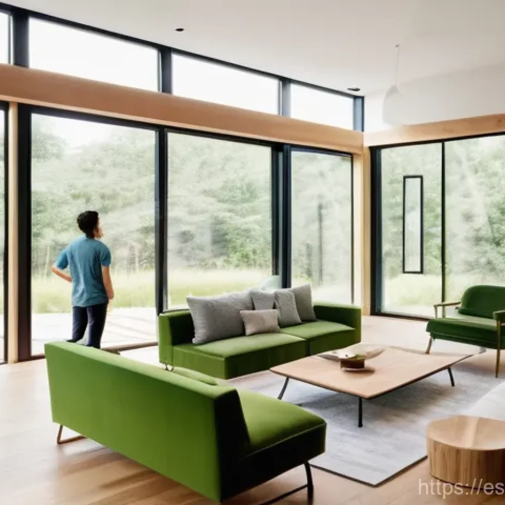 에코 프렌들리 주택을 위한 디자인 도구 - **Prompt:** "A brightly lit, modern living room showcasing a family of three – a mother, father, and...