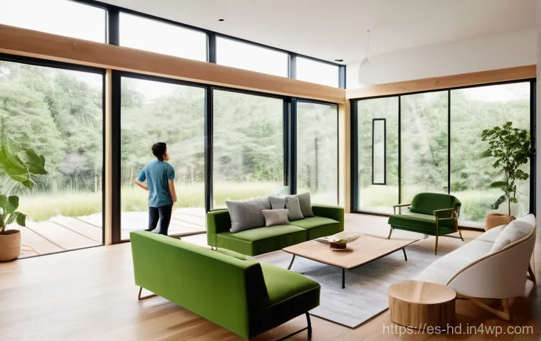 에코 프렌들리 주택을 위한 디자인 도구 - **Prompt:** "A brightly lit, modern living room showcasing a family of three – a mother, father, and...