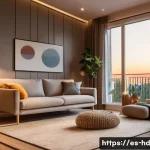 Home 21 주거 전환기에서의 기술 혁신 - **Energy-Efficient Smart Home Evening:** A cozy, modern living room at dusk. A family (father, mothe...