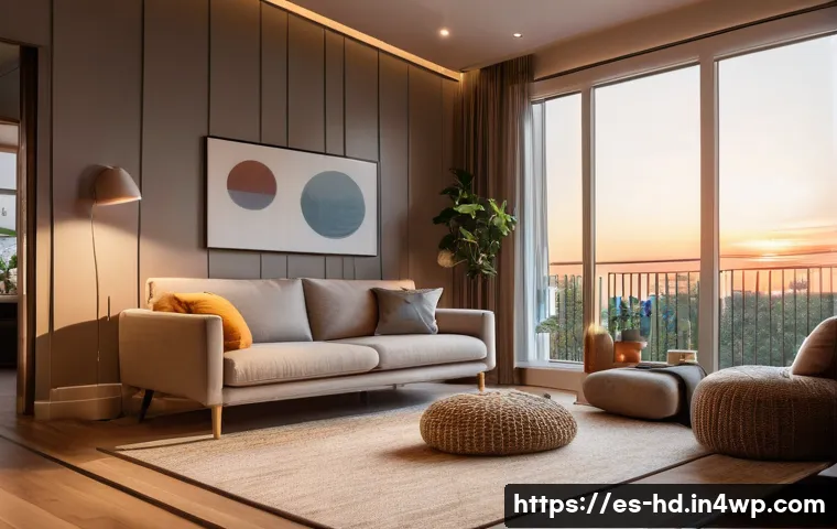 주거 전환기에서의 기술 혁신 - **Energy-Efficient Smart Home Evening:** A cozy, modern living room at dusk. A family (father, mothe...