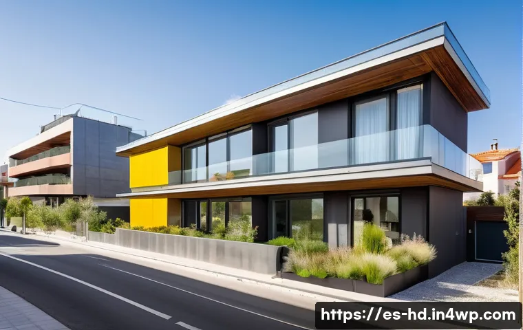 친환경 주택의 가격 변동 분석 - A modern eco-friendly urban home in Madrid featuring solar panels on the roof, advanced thermal insu...