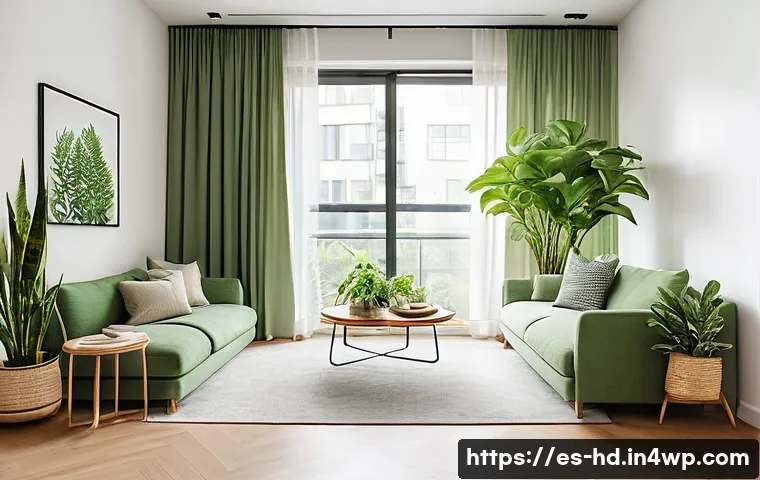 주거 전환기에서의 식물 기반 디자인 - A cozy small apartment interior featuring a lush vertical garden wall filled with diverse green plan...