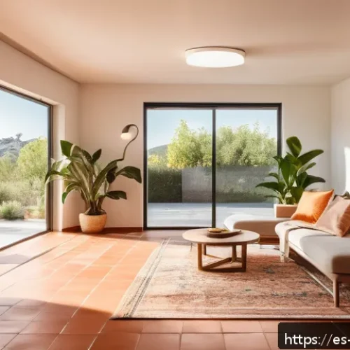 Home 17 스마트 홈과 지속 가능성의 관계 - A modern Spanish living room with smart home technology prominently displayed: motion sensors near t...
