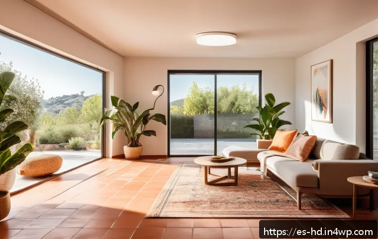 스마트 홈과 지속 가능성의 관계 - A modern Spanish living room with smart home technology prominently displayed: motion sensors near t...