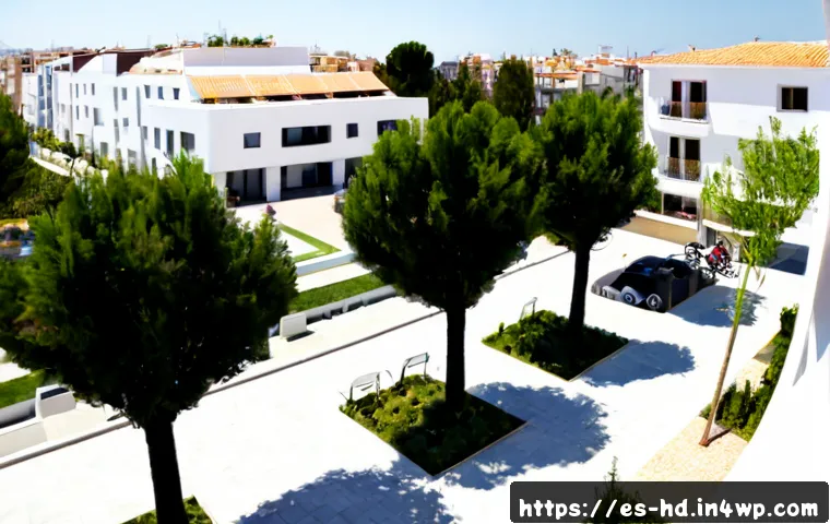 지속 가능한 주거를 위한 정책 제안 - Photorealistic wide-angle view of a sustainable affordable housing neighborhood in a Spanish city, m...